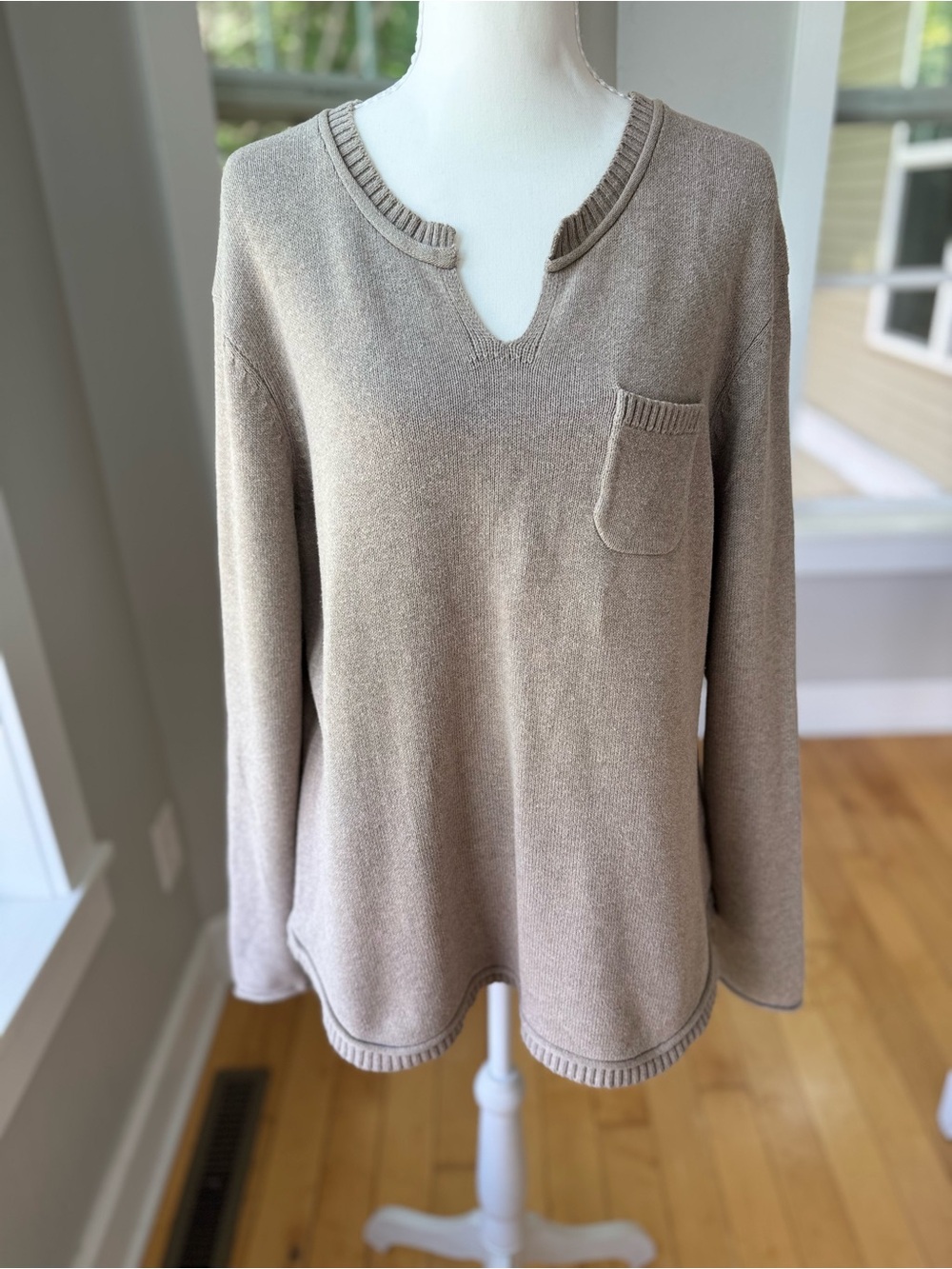 Natural Reflections Taupe Light Brown Cotton Notch V Neck Sweater Size Large